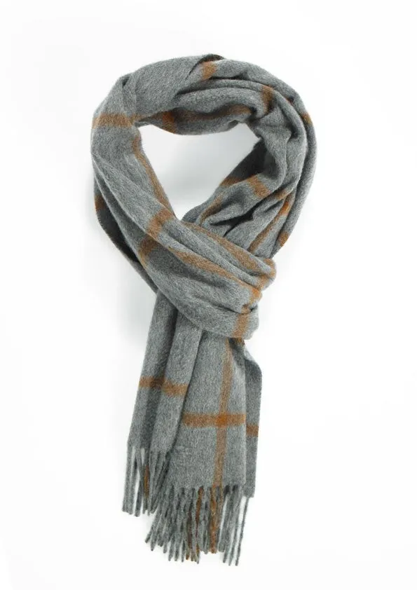 Joshua Ellis Grey & Brown Windowpane Wide Cashmere Scarf