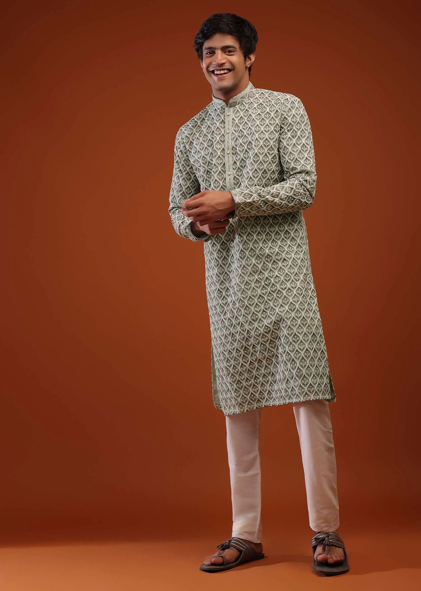 Lauren And Frosty Green Georgette Kurta With Sequins Embroidery, Moroccan Jaal And Sequins Embroidery