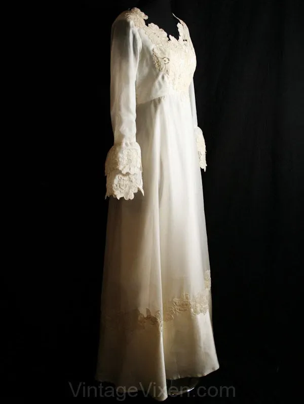 Size 8 Wedding Dress - Haute Hippie 1960s Empire Bridal Gown with Belled Long Sleeves - 60s NOS Deadstock - Bust 35 - Waist 28 - 34124-1