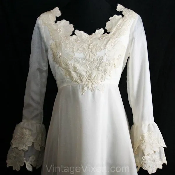 Size 8 Wedding Dress - Haute Hippie 1960s Empire Bridal Gown with Belled Long Sleeves - 60s NOS Deadstock - Bust 35 - Waist 28 - 34124-1