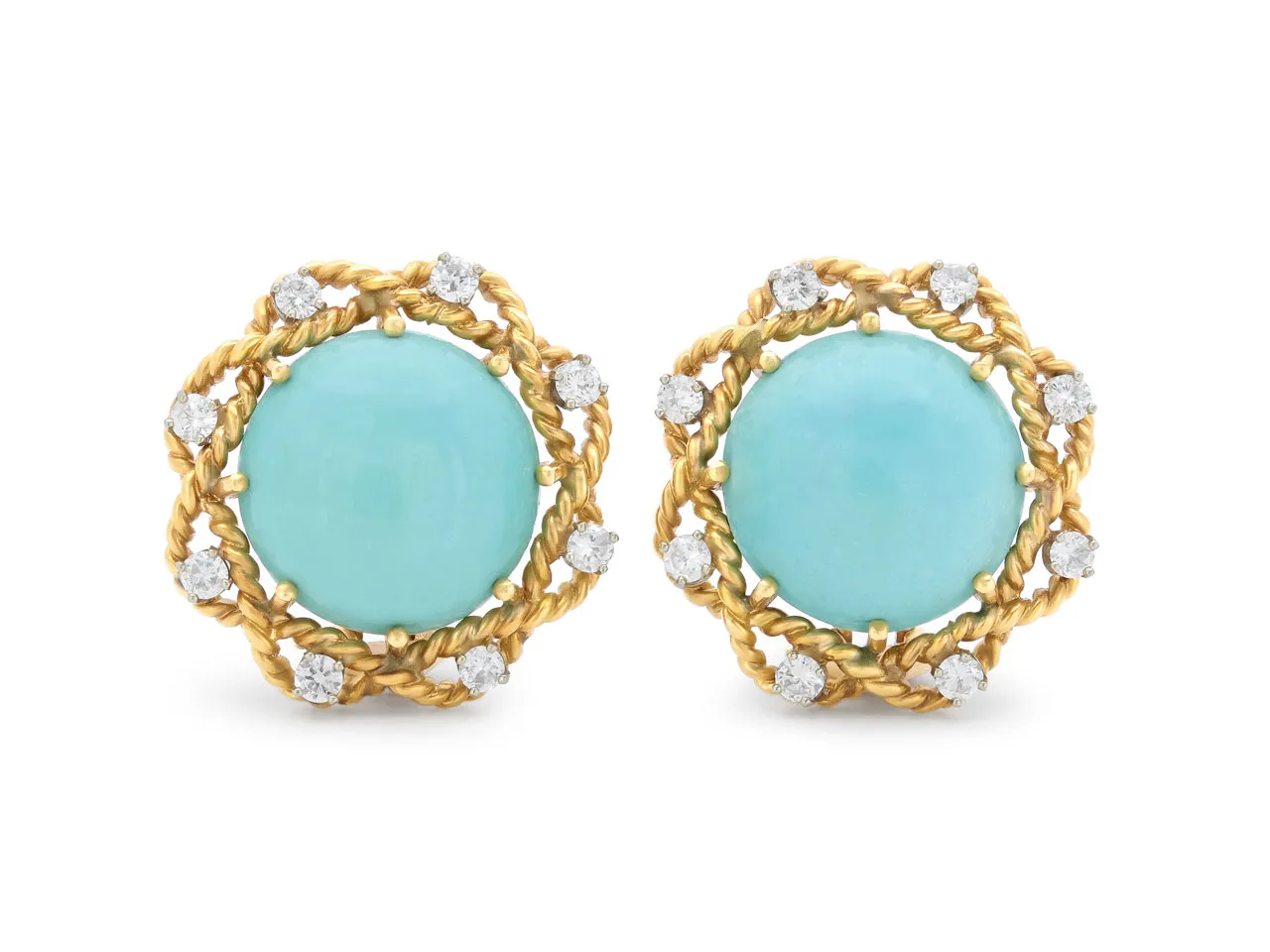 Turquoise and Diamond Earclips in 18K Gold