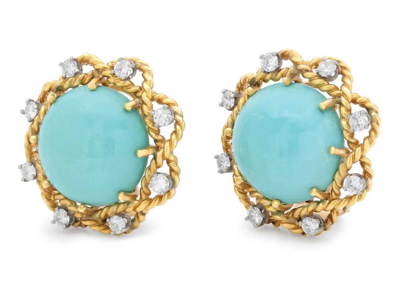Turquoise and Diamond Earclips in 18K Gold