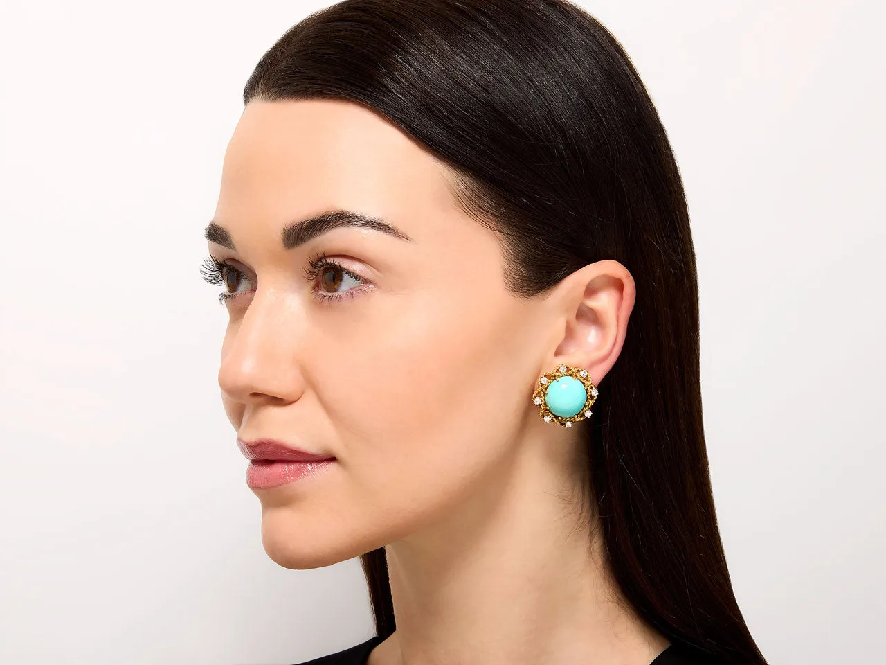 Turquoise and Diamond Earclips in 18K Gold