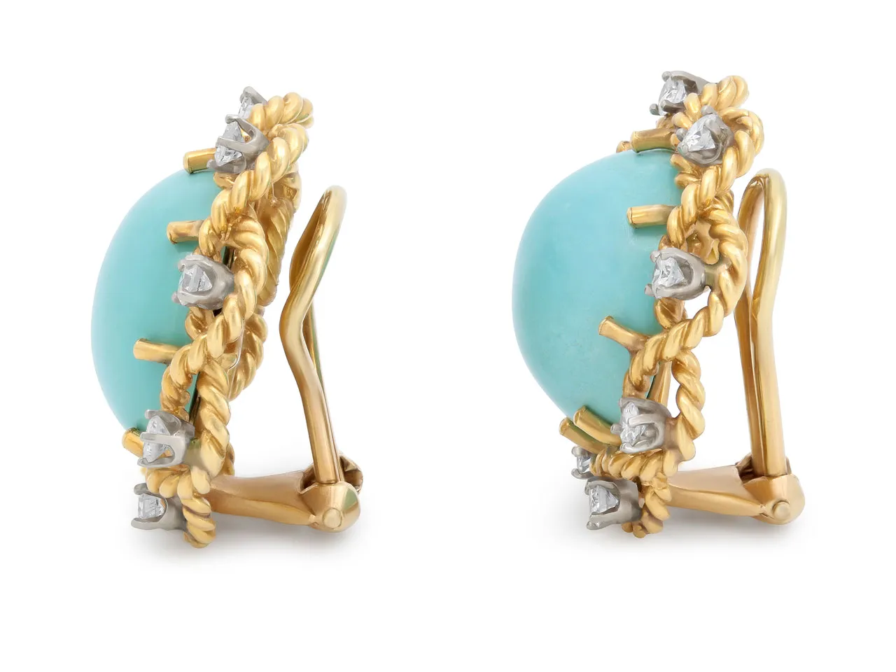 Turquoise and Diamond Earclips in 18K Gold